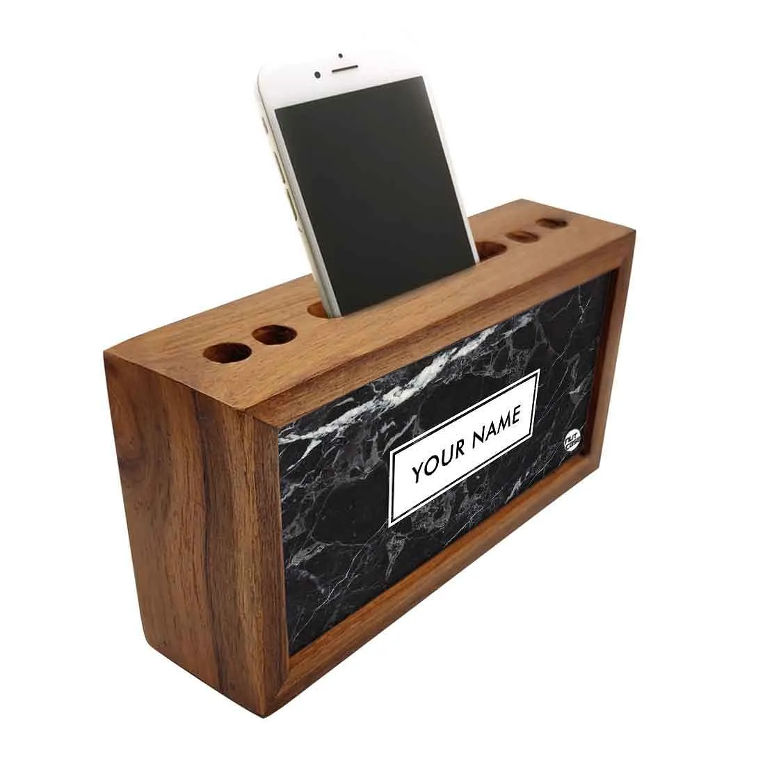 Personalized Wooden desk organizer - Black Marble Pastel