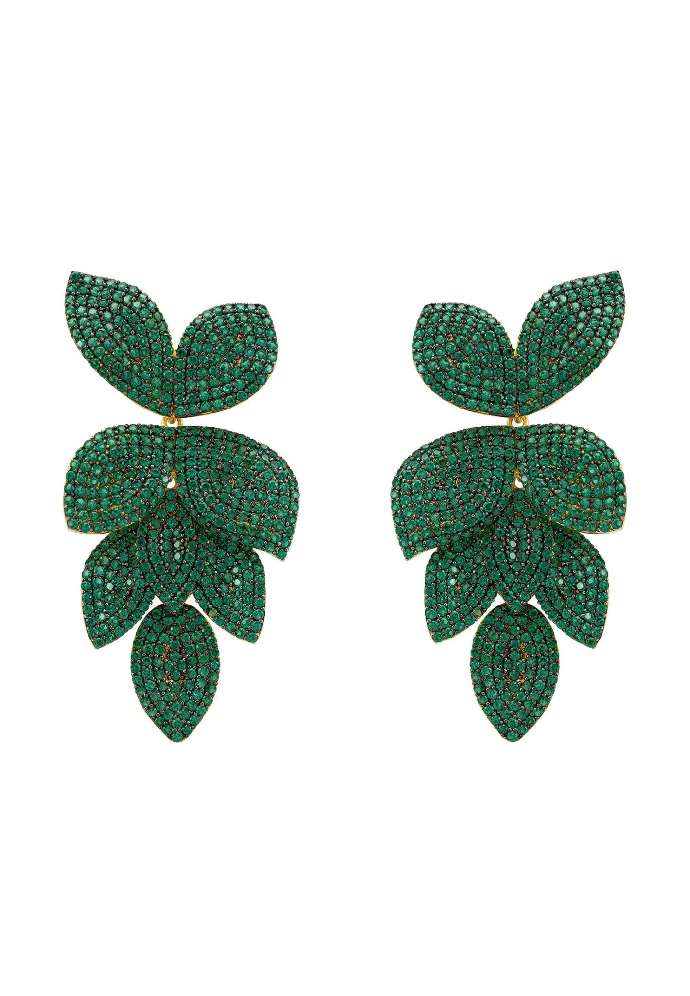 Petal Cascading Flower Earrings Gold Emerald Green