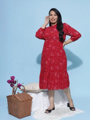 Polyester Floral Printed Dress Red