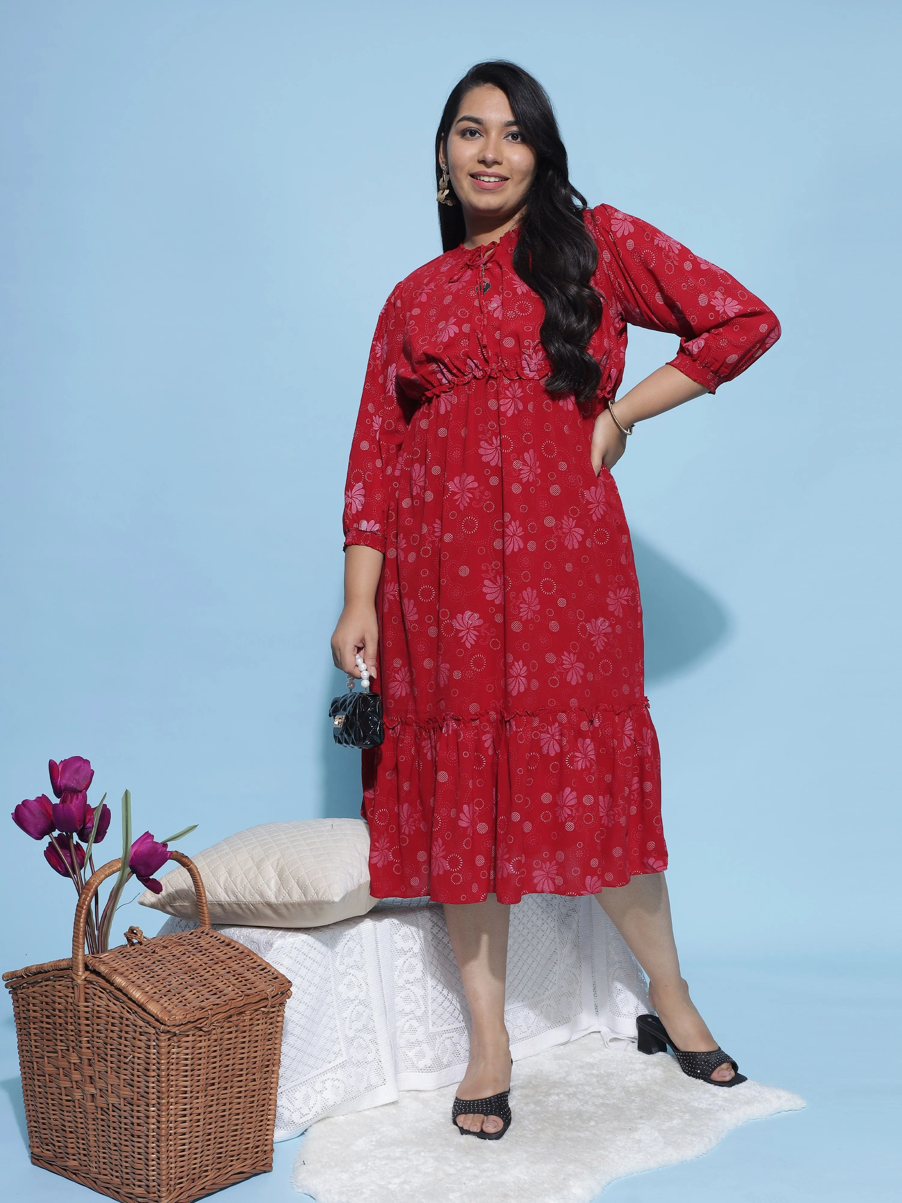 Polyester Floral Printed Dress Red