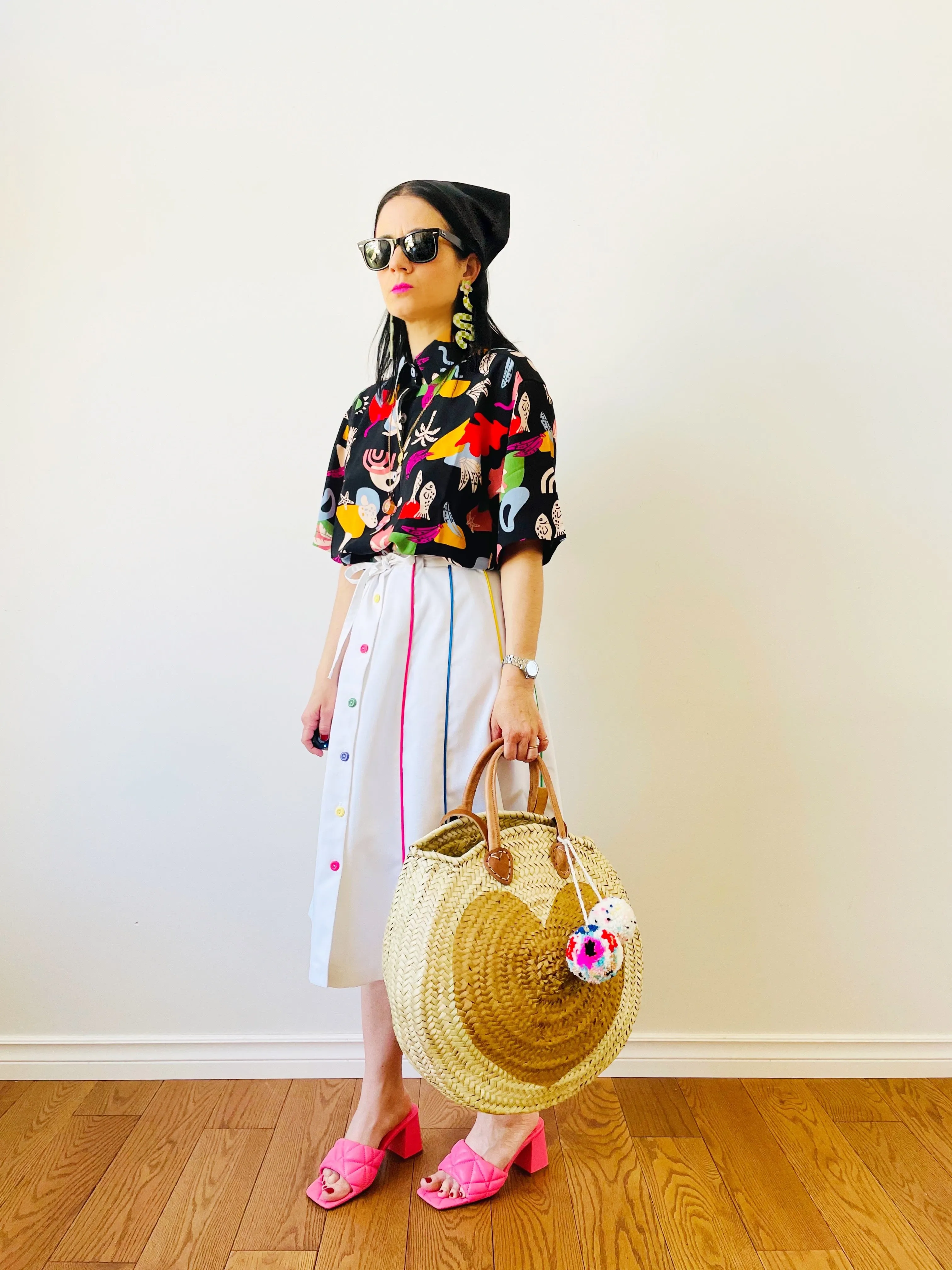 Round  Straw Bag with Leather Straps and Poms by Poppy Joy Pompoms