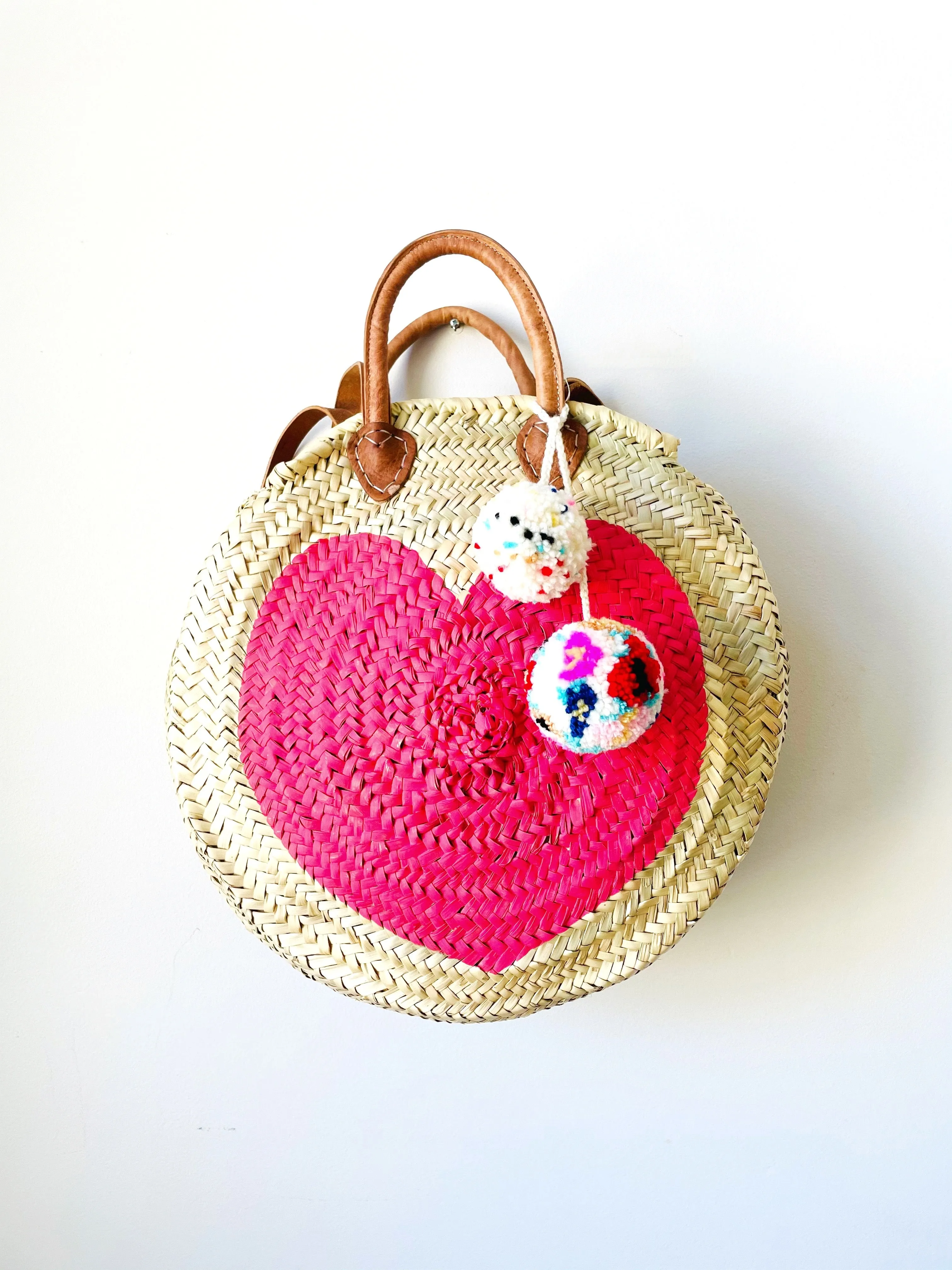 Round  Straw Bag with Leather Straps and Poms by Poppy Joy Pompoms