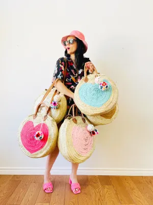 Round  Straw Bag with Leather Straps and Poms by Poppy Joy Pompoms