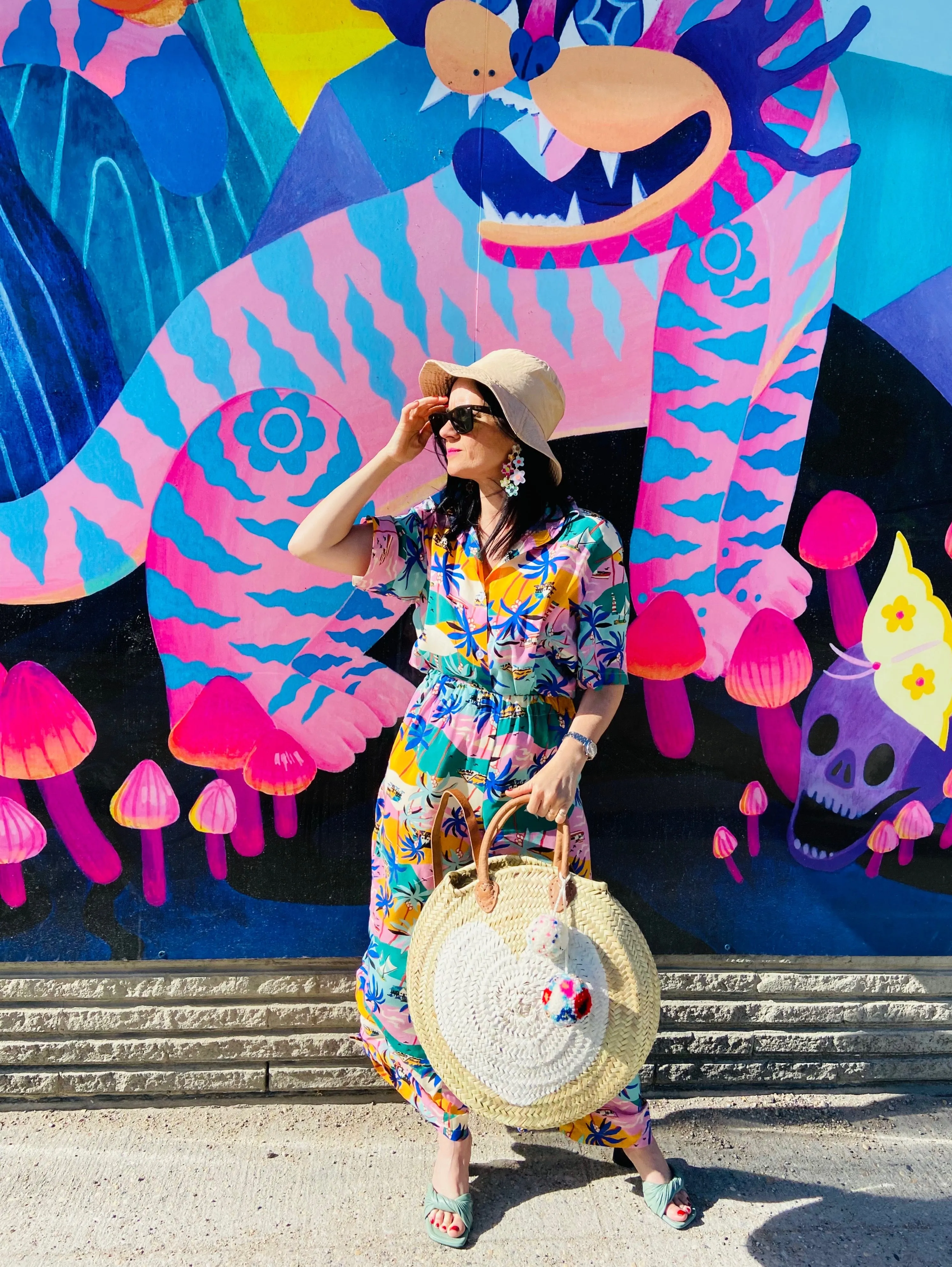 Round  Straw Bag with Leather Straps and Poms by Poppy Joy Pompoms