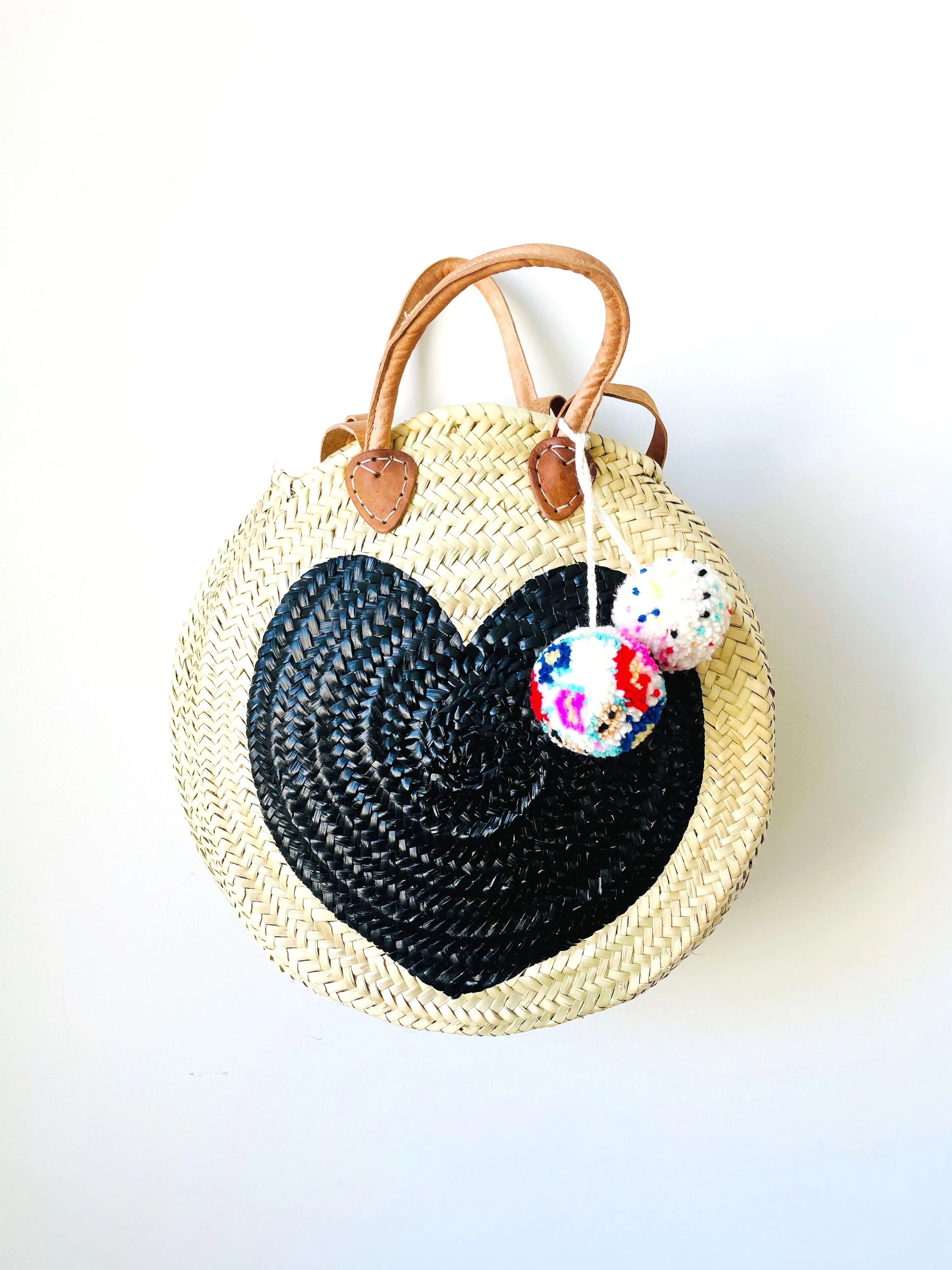 Round  Straw Bag with Leather Straps and Poms by Poppy Joy Pompoms