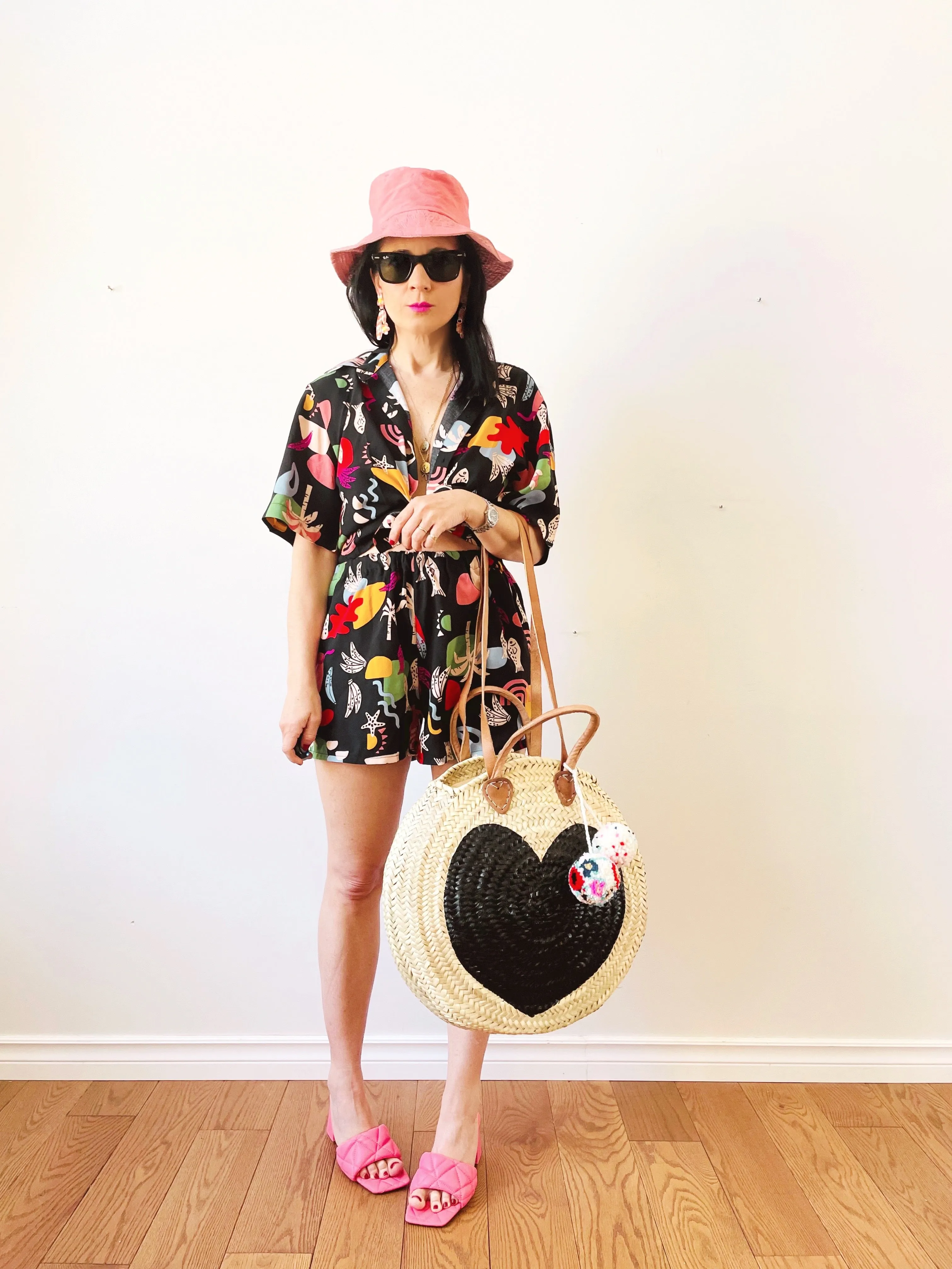 Round  Straw Bag with Leather Straps and Poms by Poppy Joy Pompoms