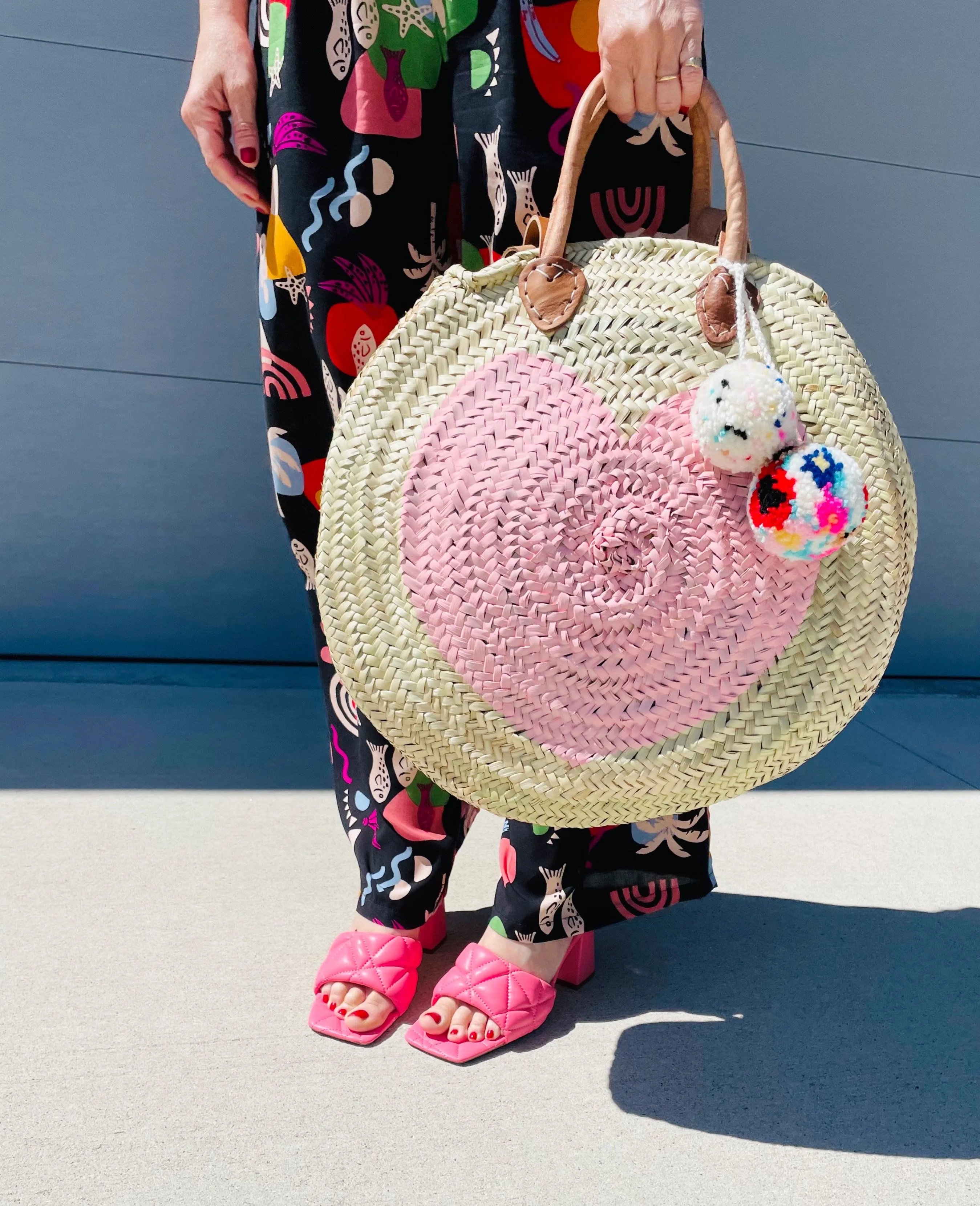 Round  Straw Bag with Leather Straps and Poms by Poppy Joy Pompoms