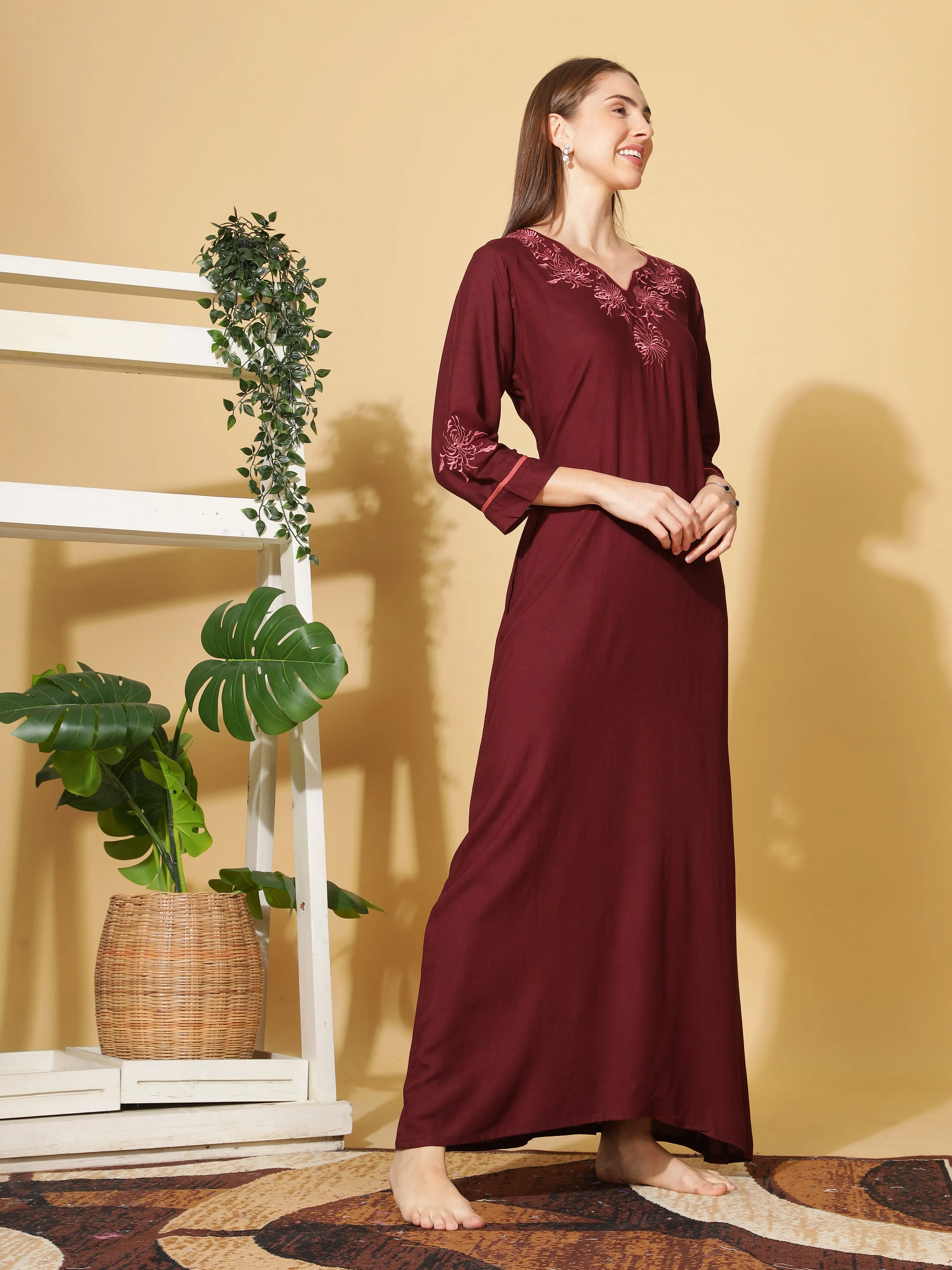 Ruby Red Rayon Nighty with Intricate Neck Embroidery