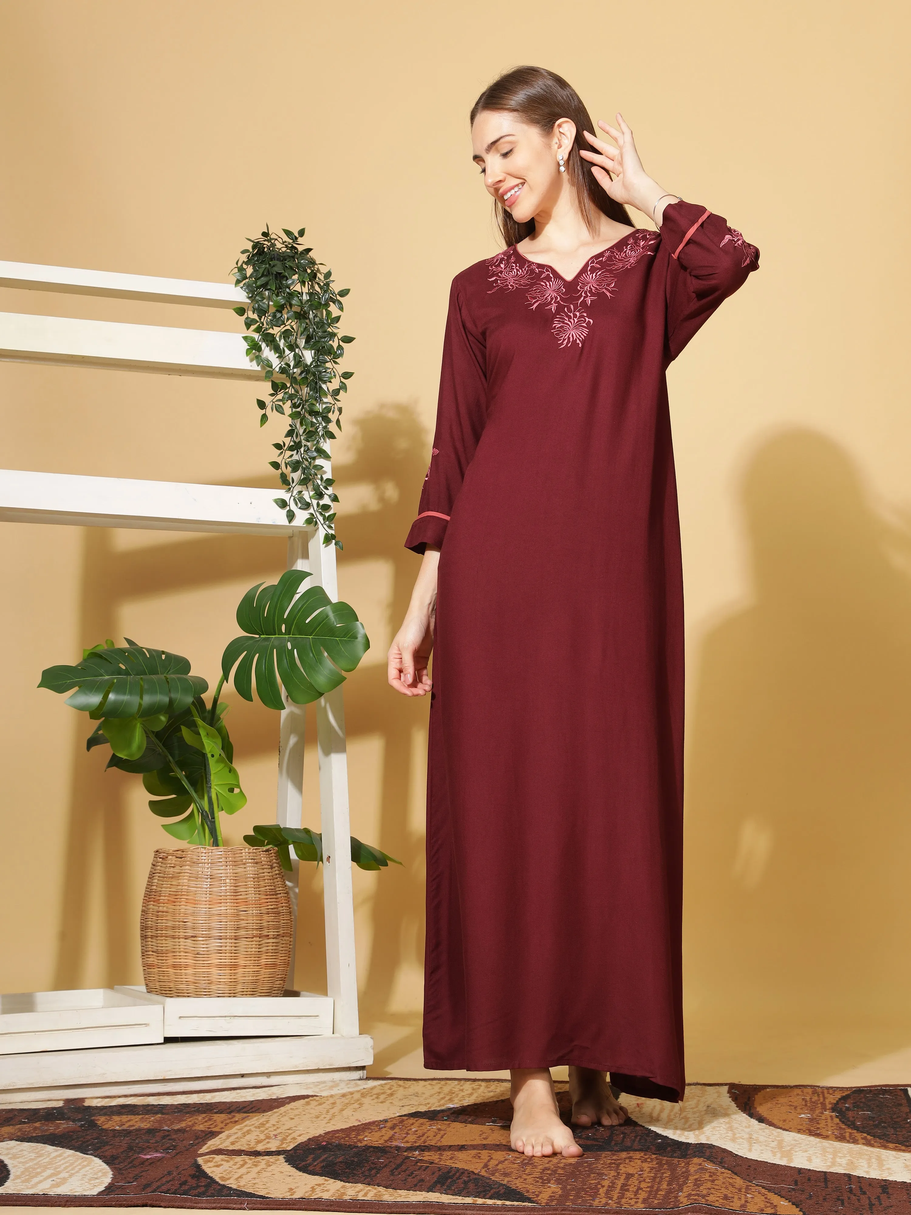 Ruby Red Rayon Nighty with Intricate Neck Embroidery