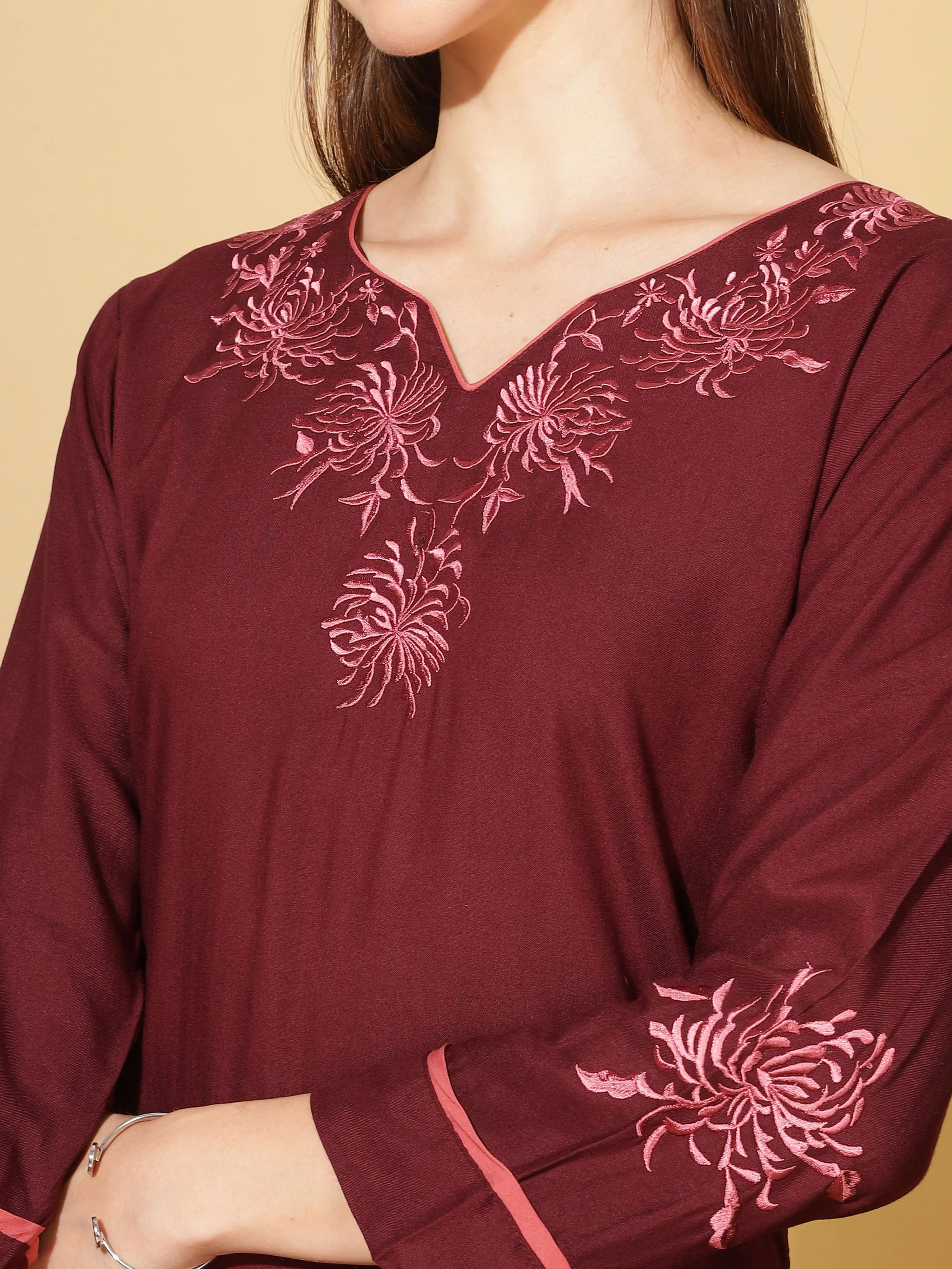 Ruby Red Rayon Nighty with Intricate Neck Embroidery