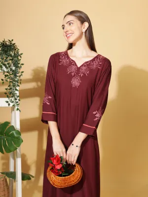 Ruby Red Rayon Nighty with Intricate Neck Embroidery