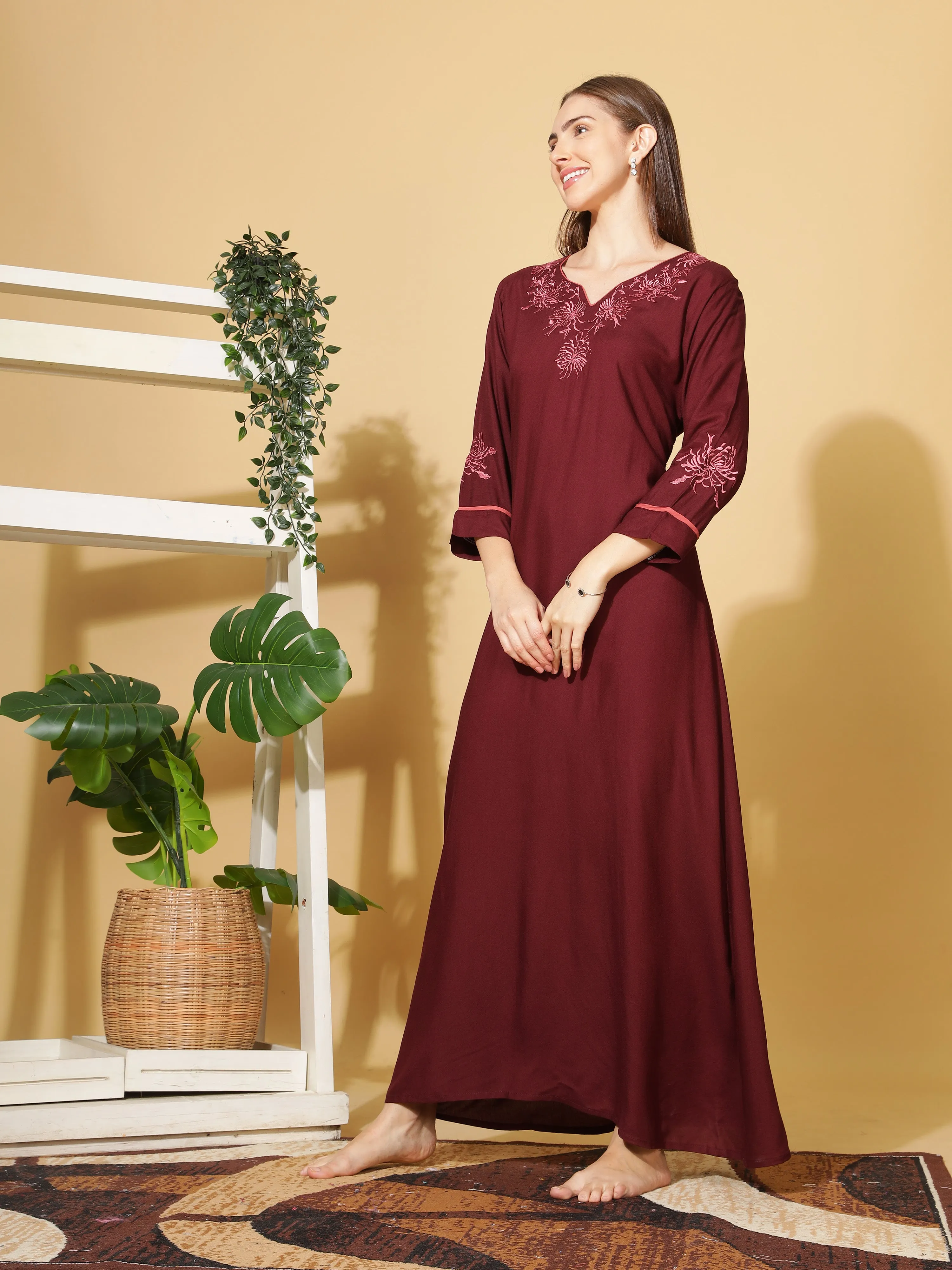 Ruby Red Rayon Nighty with Intricate Neck Embroidery