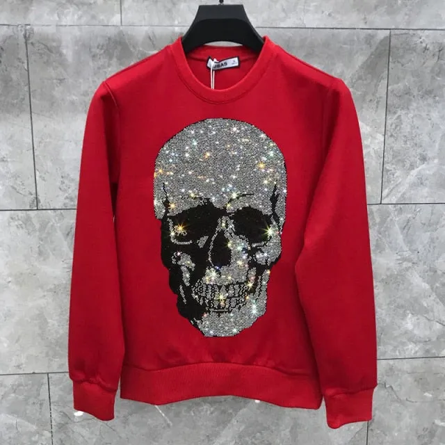 Shadowed Skull Rhinestone Decorated Sweatshirt