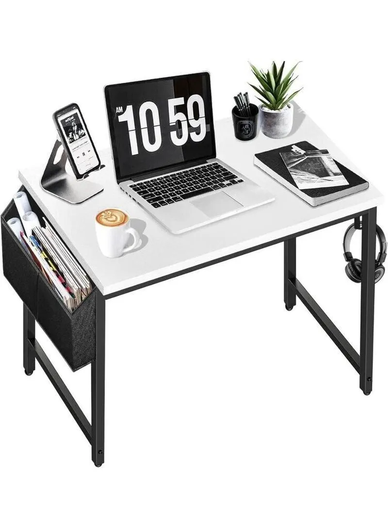 Small Computer Desk for Bedroom White Modern Writing Table for Small Spaces Kids