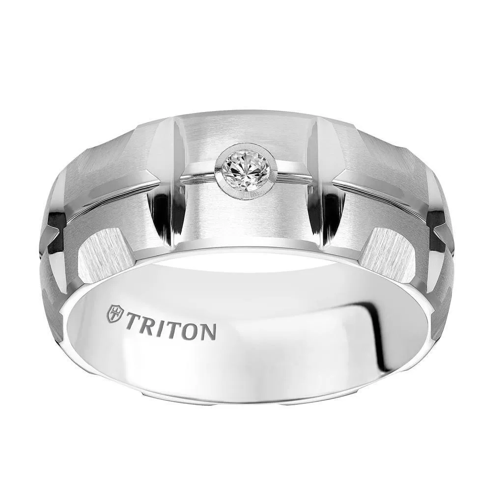 SPENCER Domed White Tungsten Carbide Wedding Band with Matrix Pattern Center and Solitaire Diamond Setting by Triton Rings - 9 mm