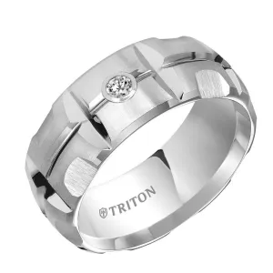 SPENCER Domed White Tungsten Carbide Wedding Band with Matrix Pattern Center and Solitaire Diamond Setting by Triton Rings - 9 mm