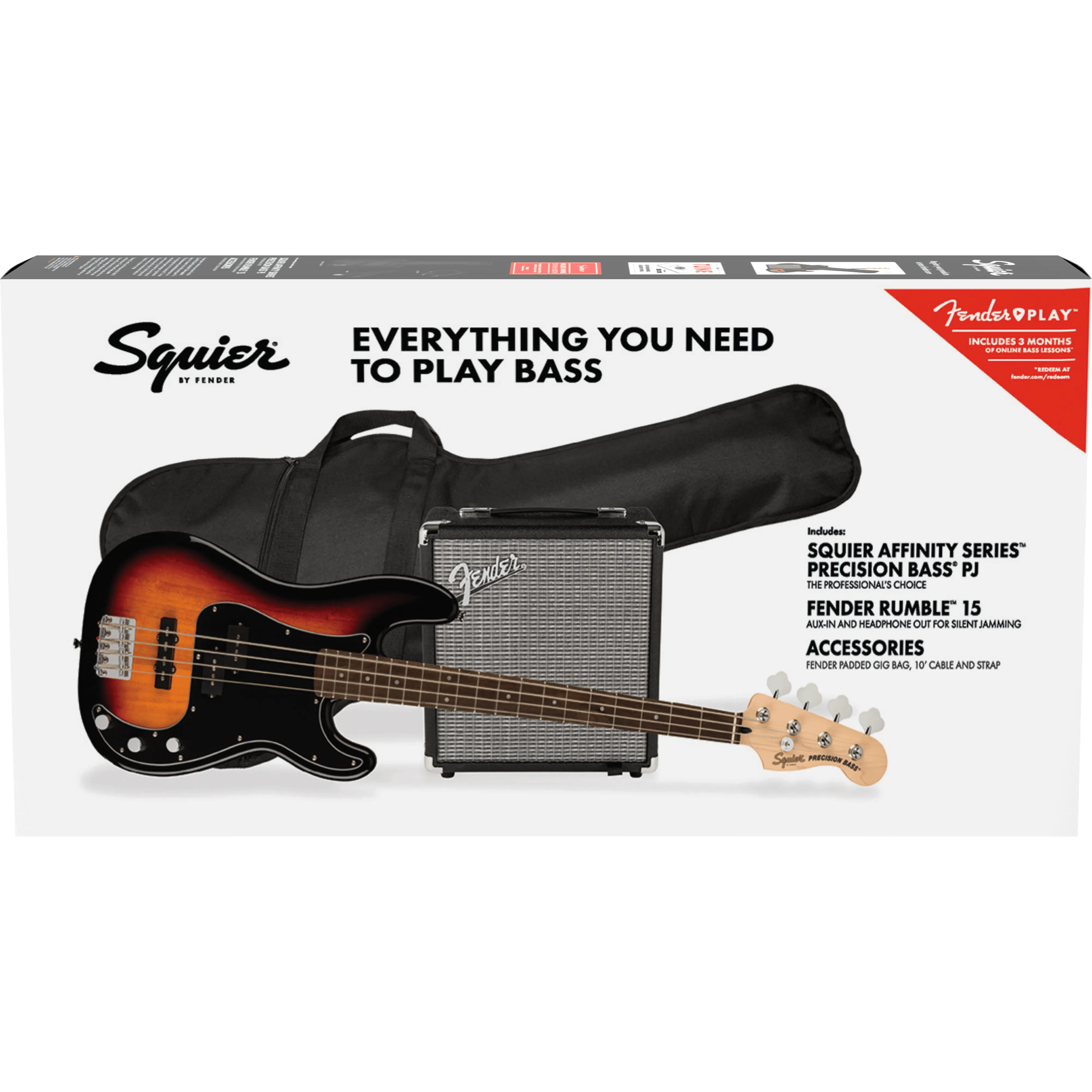 Squier 037-2980-000 PJ Bass Pack w/ Rumble 15, 3-Color Sunburst