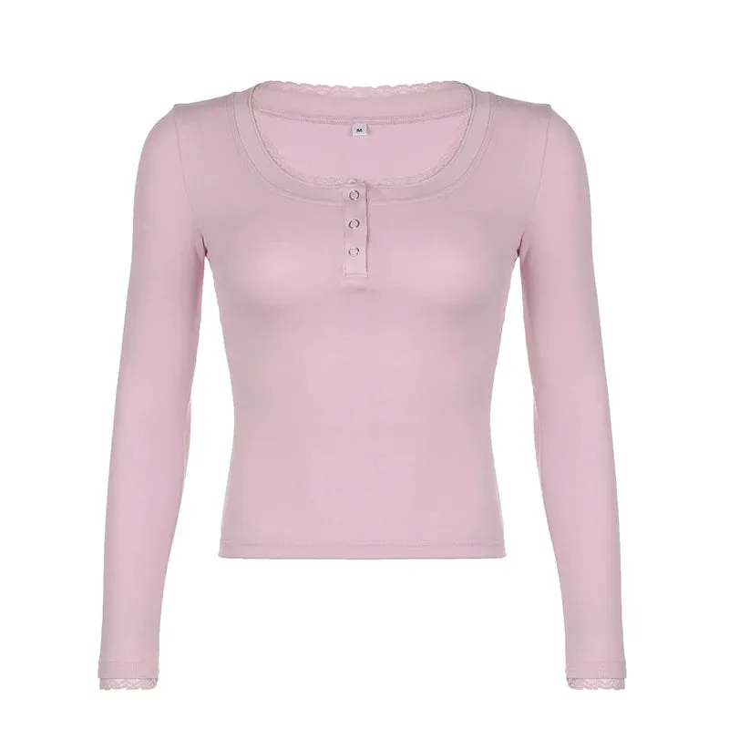 Sweet Pink Knit Lace Trim Long Sleeve Autumn Tee Shirt Women Buttons Korean Skinny T-shirt Coquette Clothes Top Chic