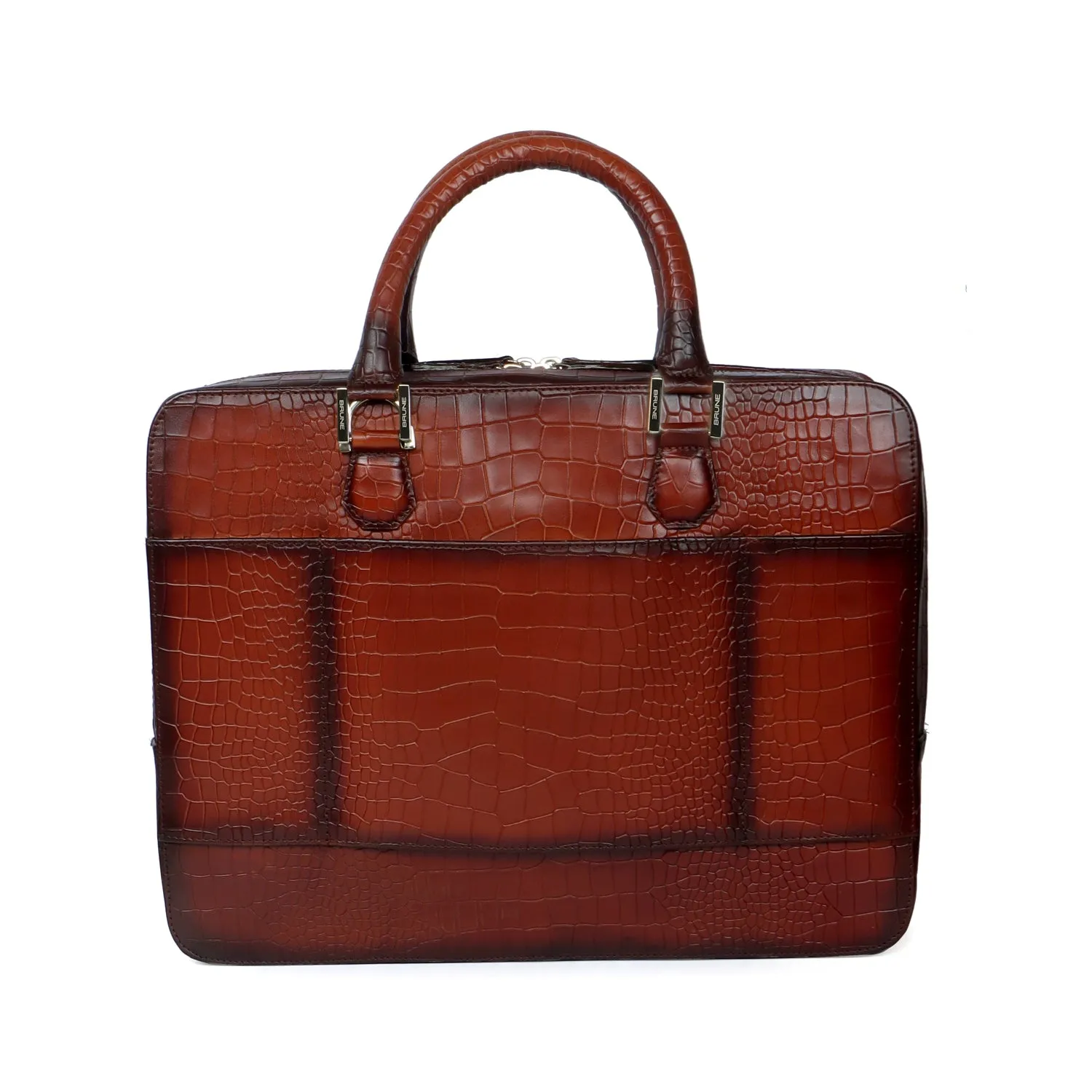 Tan Office Briefcase with Organizer Compartment in Deep Cut Croco Leather