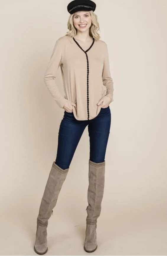 Taupe Long Sleeve Top w/Black Lace Detail - #8309-8314