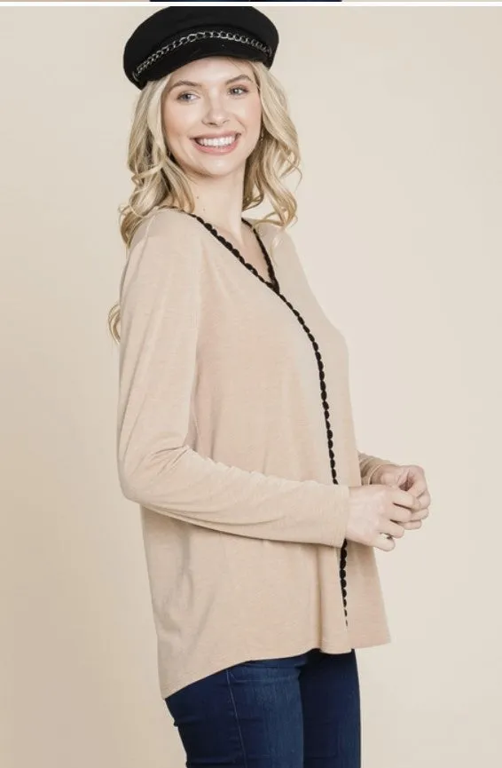 Taupe Long Sleeve Top w/Black Lace Detail - #8309-8314