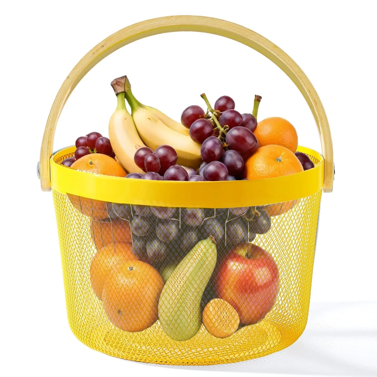 The Better Home Metal Mesh Basket for Storage With Wooden Handle | 400 Gm | Fruit Basket & Vegetable Basket for Kitchen | Kitchen Organizer | Storage Organizer For Home | Yellow