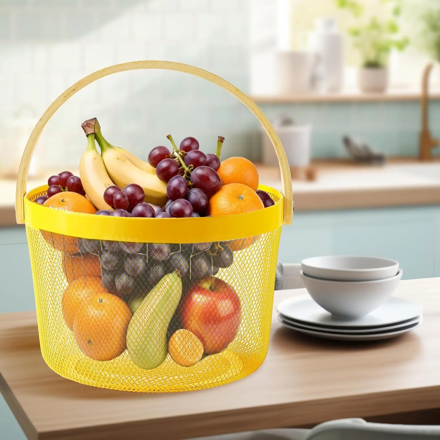 The Better Home Metal Mesh Basket for Storage With Wooden Handle | 400 Gm | Fruit Basket & Vegetable Basket for Kitchen | Kitchen Organizer | Storage Organizer For Home | Yellow