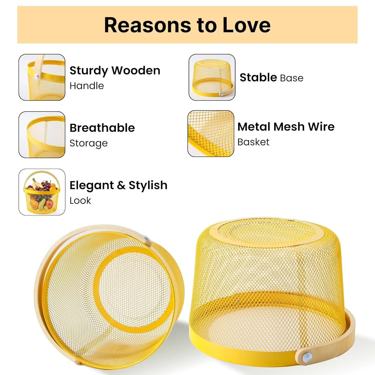 The Better Home Metal Mesh Basket for Storage With Wooden Handle | 400 Gm | Fruit Basket & Vegetable Basket for Kitchen | Kitchen Organizer | Storage Organizer For Home | Yellow