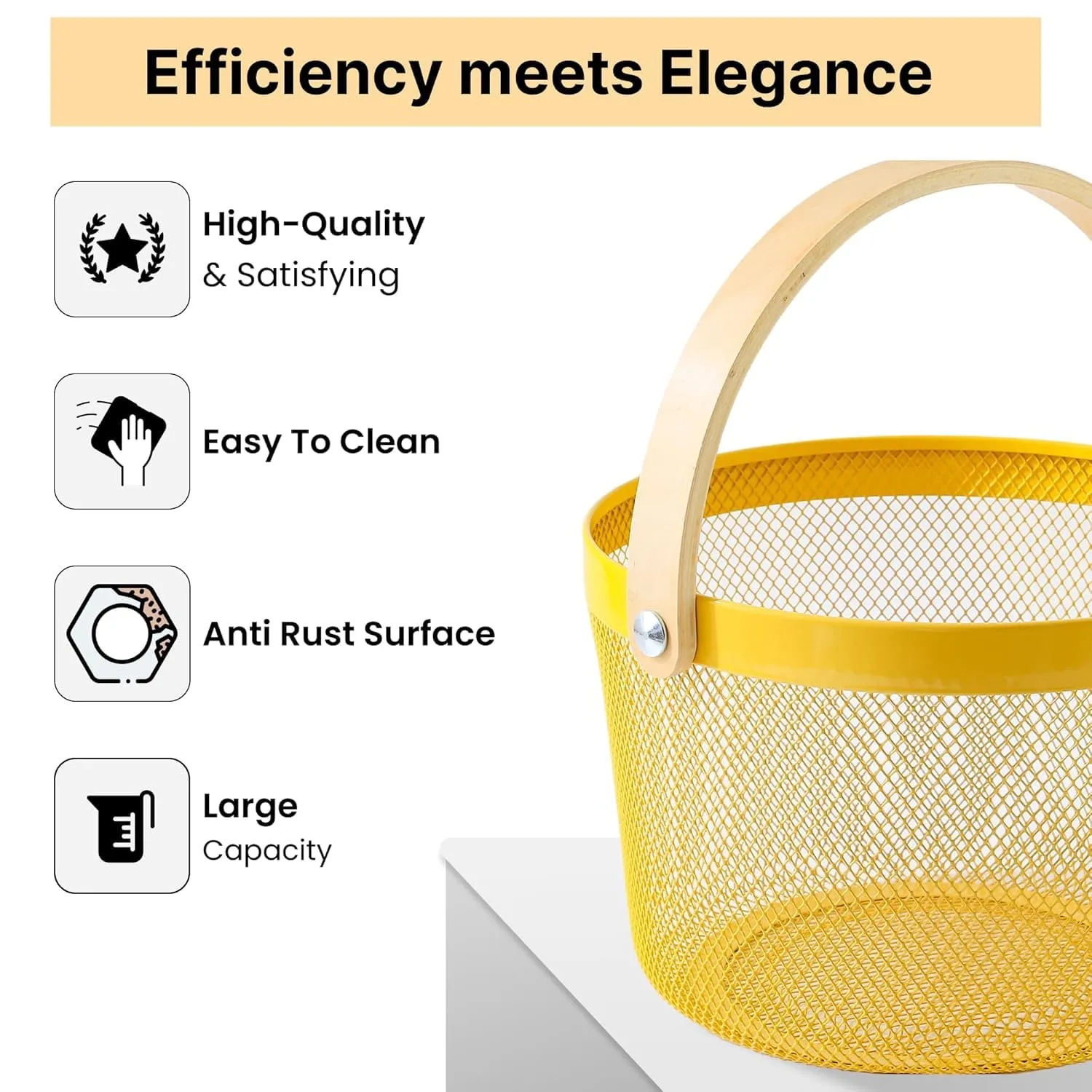 The Better Home Metal Mesh Basket for Storage With Wooden Handle | 400 Gm | Fruit Basket & Vegetable Basket for Kitchen | Kitchen Organizer | Storage Organizer For Home | Yellow