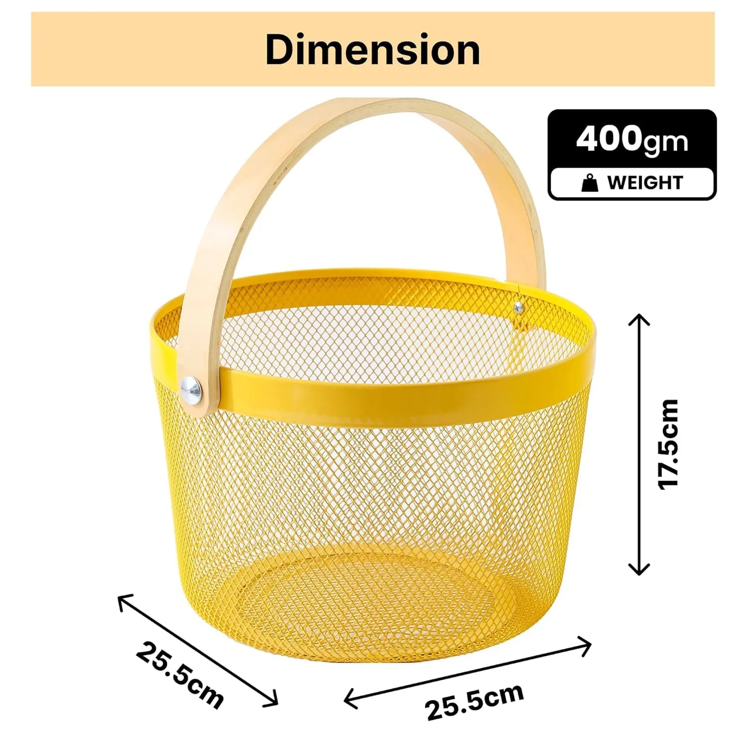 The Better Home Metal Mesh Basket for Storage With Wooden Handle | 400 Gm | Fruit Basket & Vegetable Basket for Kitchen | Kitchen Organizer | Storage Organizer For Home | Yellow