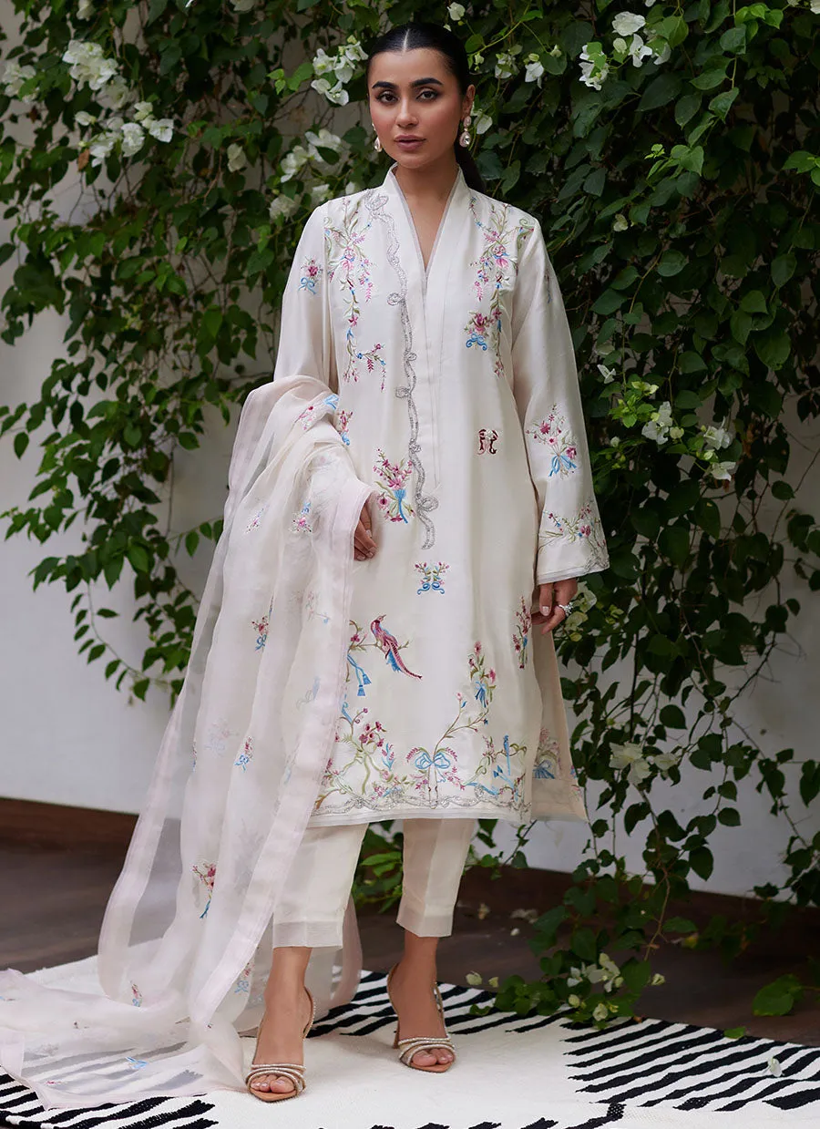 Vasily Ivory Embroidered Raw Silk Shirt with Dupatta