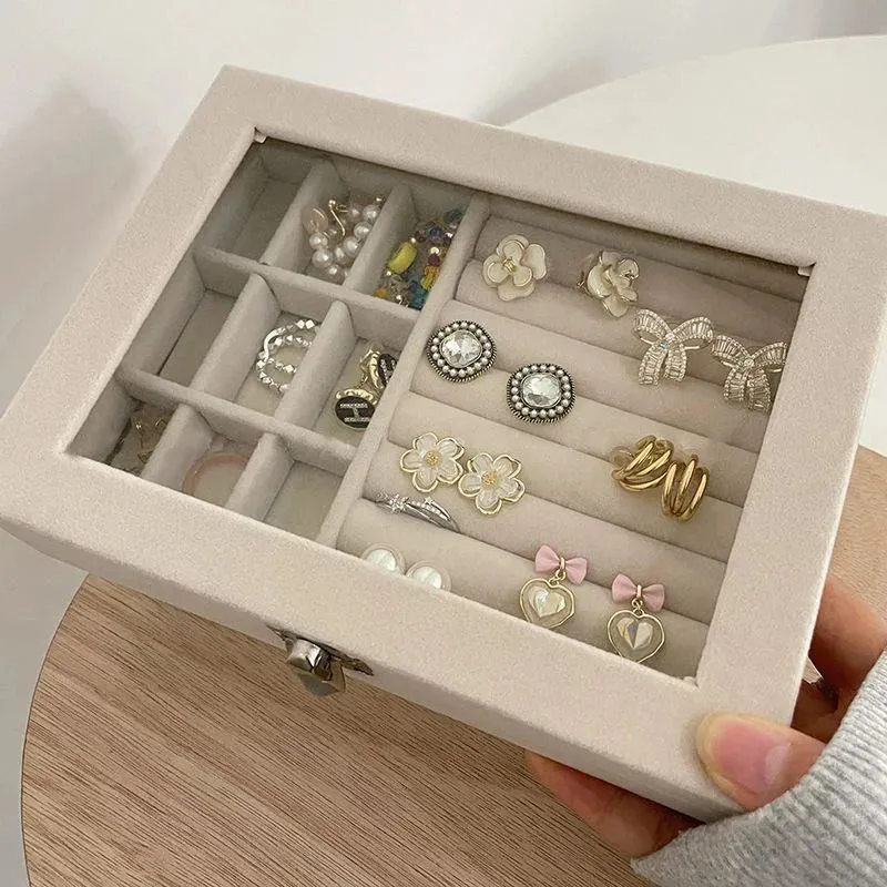 Velvet Storage Box with 9 Compartments Glass Ring Jewelry Holder Earring Organizer