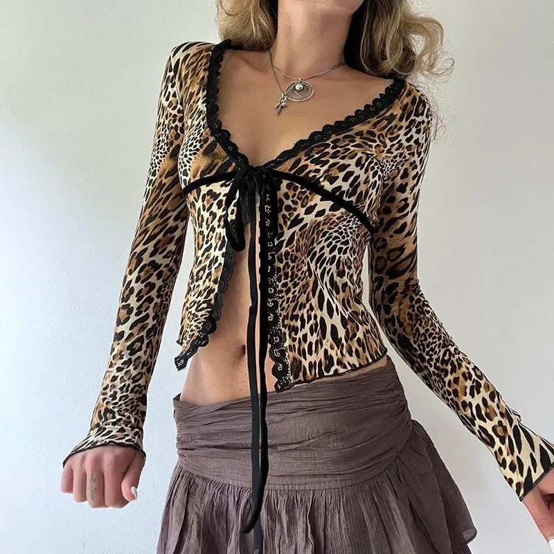 Vintage Fashion Leopard Sexy Women T-shirts Lace Trim Slim Y2K Aesthetic Tie-Up Split Cropped Tops Spring Shirt Chic