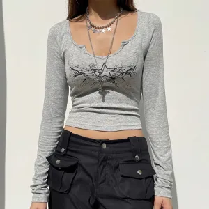 Vintage Printed Grey Long Sleeve T shirt Autumn Y2K Aesthetic 2000s Slim Female Tees Basic Korean Cropped Top Outfits