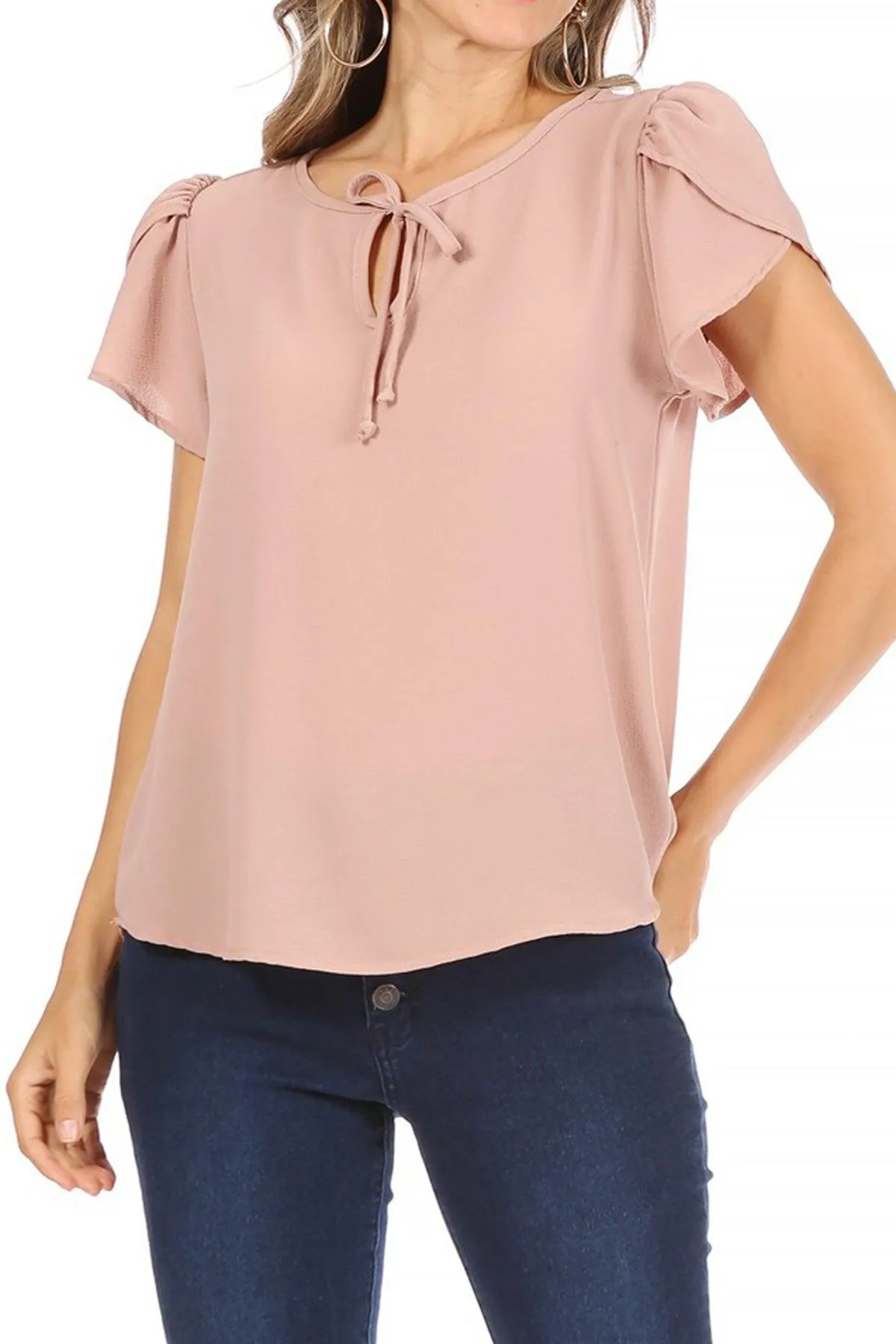 Women's Casual Solid Petal Sleeve Ribbon Tie Round Neck Key Hole Tee Blouse Top